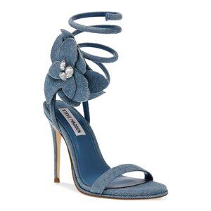 119$ Steve Madden Ennzo Flower Coil Leg-Wrap Stiletto Dress Sandal Size 7.5 Blue